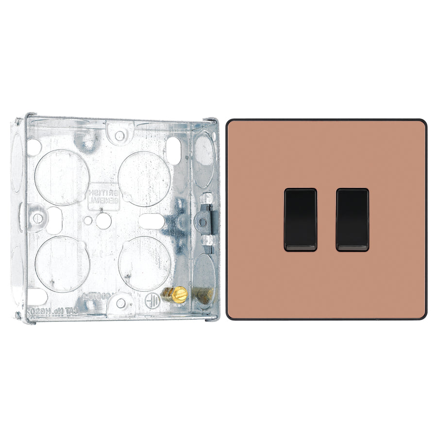 BG Evolve Polished Copper 2 Gang 20A 16AX 2 Way Light Switch PCDCP42B with 25mm Steel Back Box