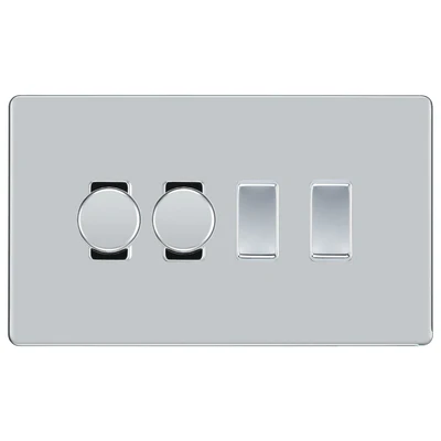 BG Screwless Polished Chrome 4 Gang Light Switch Grid – 2x Trailing-Edge LED Dimmer, 1x Intermediate, 1x 2-Way Switch