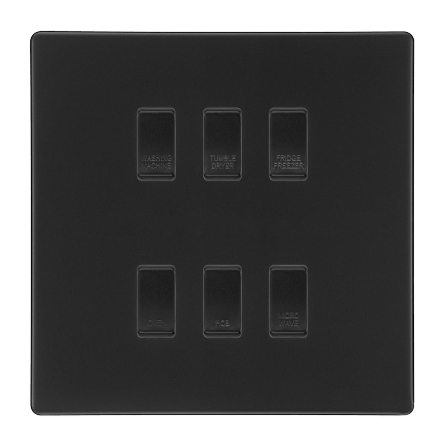 BG Screwless Matt Black 6 Gang Custom Appliance Grid Switch Panel Kitchen