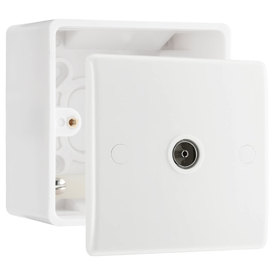 BG Electrical Single Co-Axial Socket White Moulded & 50mm Pattress Back Box