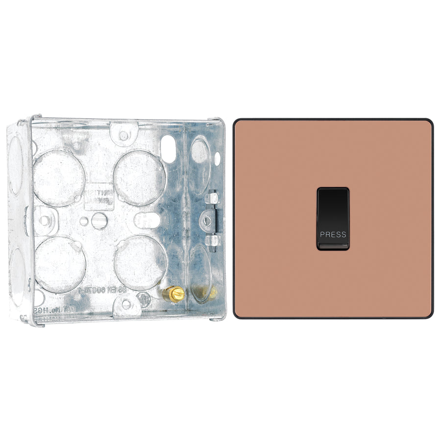 BG Evolve Polished Copper 10AX 1 Way Press Switch PCDCP14B with 35mm Steel Back Box