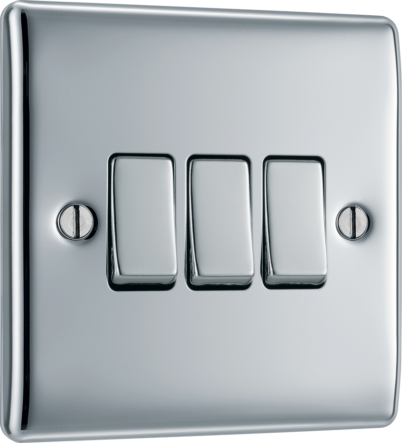 BG NPC43 Nexus Metal Polished Chrome 3 Gang 10A 10AX 2 Way Plate Switch