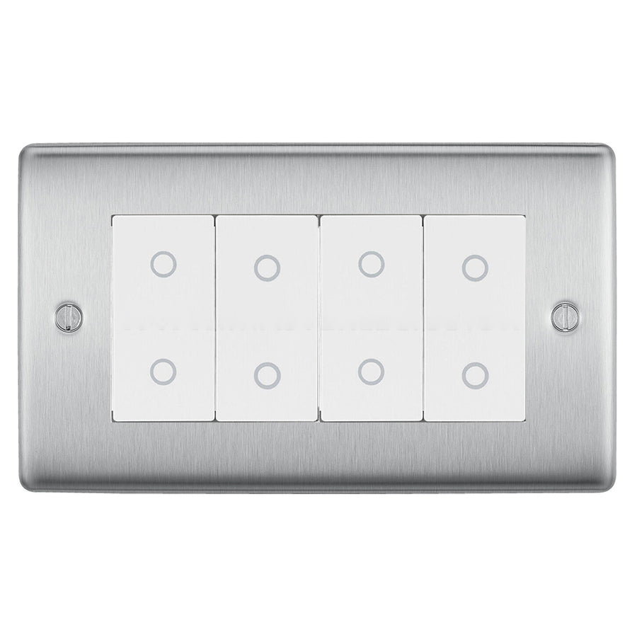 BG Nexus Brushed Steel Quad Secondary Touch Dimmer Switch White Inserts NBSTDS4W