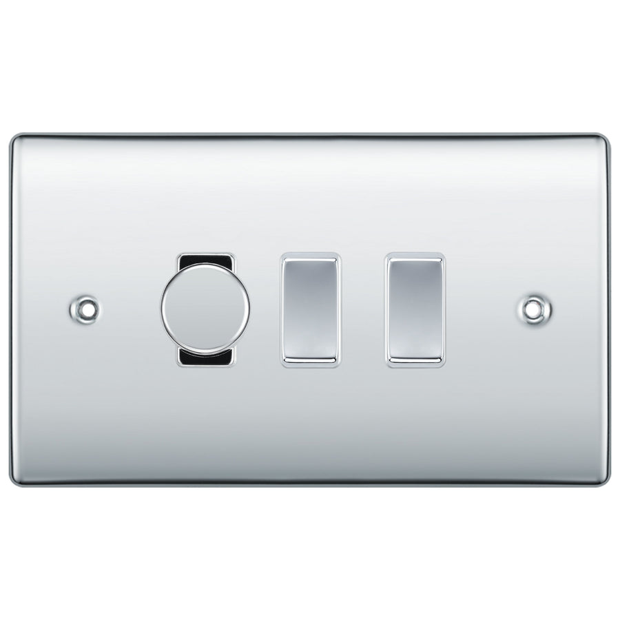 BG Polished Chrome 3 Gang Light Switch 1x Trailing Edge LED Dimmer 2x 2 Way Custom Switch