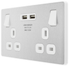 PCDBS22U3W Front - This Evolve Brushed Steel 13A double power socket from British General comes with two USB charging ports, allowing you to plug in an electrical device and charge mobile devices simultaneously without having to sacrifice a power socket.