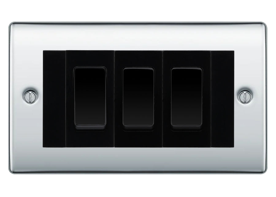 BG Electrical Nexus Polished Chrome 3 Gang 20AX 2-Way Switch Custom Grid - Black Insert