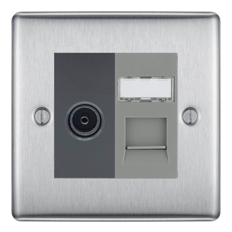 BG Nexus Brushed Steel TV Aerial & RJ45 CAT6 Data Socket - Grey Insert