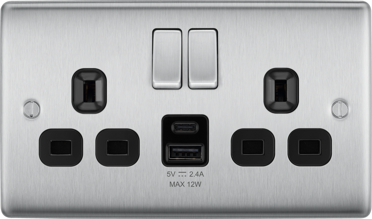 Ubbc Socket BG NBS22UAC12B Brushed Steel Double Socket with USB 12W Type A & C USB ...