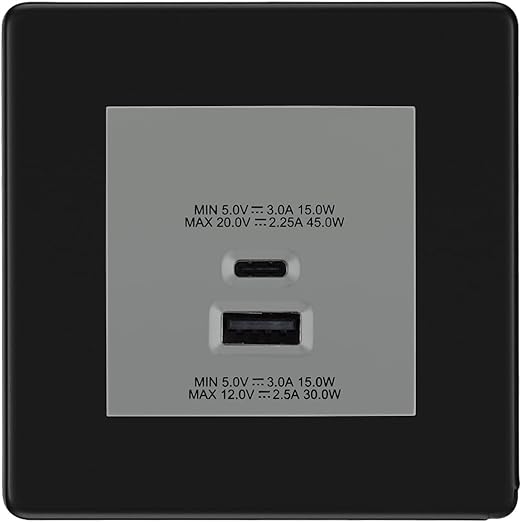 BG Screwless Matt Black 45W USB Wall Socket Euro Module USB-A & C - Grey Insert