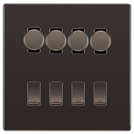BG Screwless Black Nickel 8 Gang Switch 4x Trailing Edge LED Dimmer, 2x Intermediate, 2x 2-Way Switch