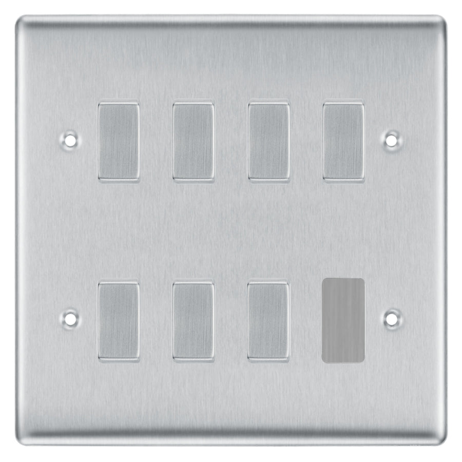 BG Brushed Steel 7 Gang 2 Way Custom Grid Light Switch Back Box Included