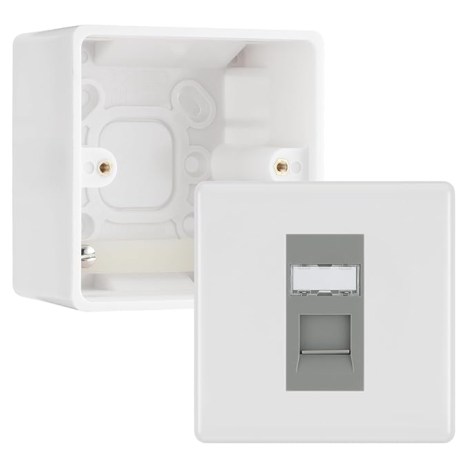 BG Nexus White RJ45 CAT6 Module with Single Faceplate, 1 Port Network Socket & 50mm Back Box (Grey Insert)