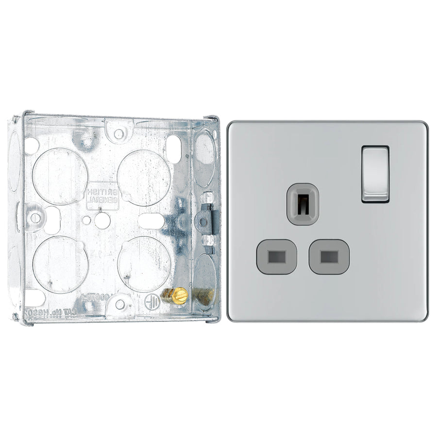 BG Screwless Polished Chrome 13A Single Switched Socket FPC21G with 25mm Steel Back Box