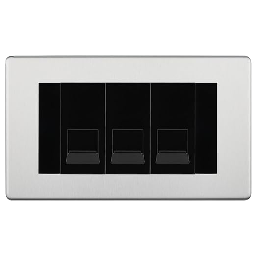 BG Screwless Brushed Steel 3 Gang RJ11 Telephone Socket Euro Module - Black Insert