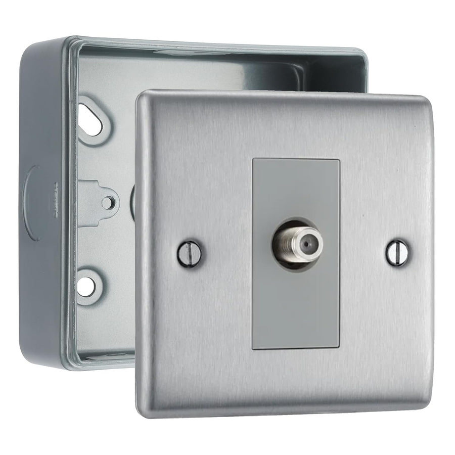 BG Nexus Brushed Steel Single Satellite Socket & Surface Pattress Back Box