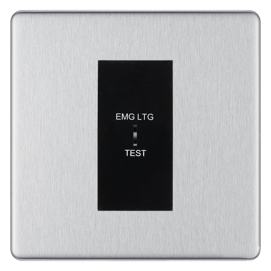 BG Flatplate Screwless Brushed Steel 20AX 2 Way Emergency Lighting Test Key Switch - Key Included - Black Insert