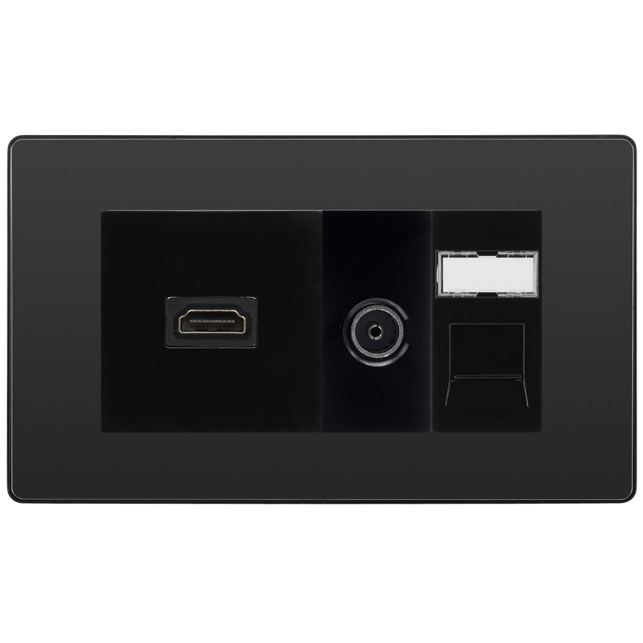 BG Evolve Media Wall Plate — TV Aerial, HDMI & CAT6 | Black Chrome Screwless