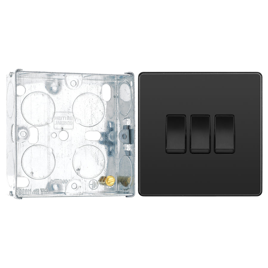 BG Evolve Black Chrome 3 Gang 20A 16AX 2 Way Light Switch PCDBC43B with 25mm Steel Back Box