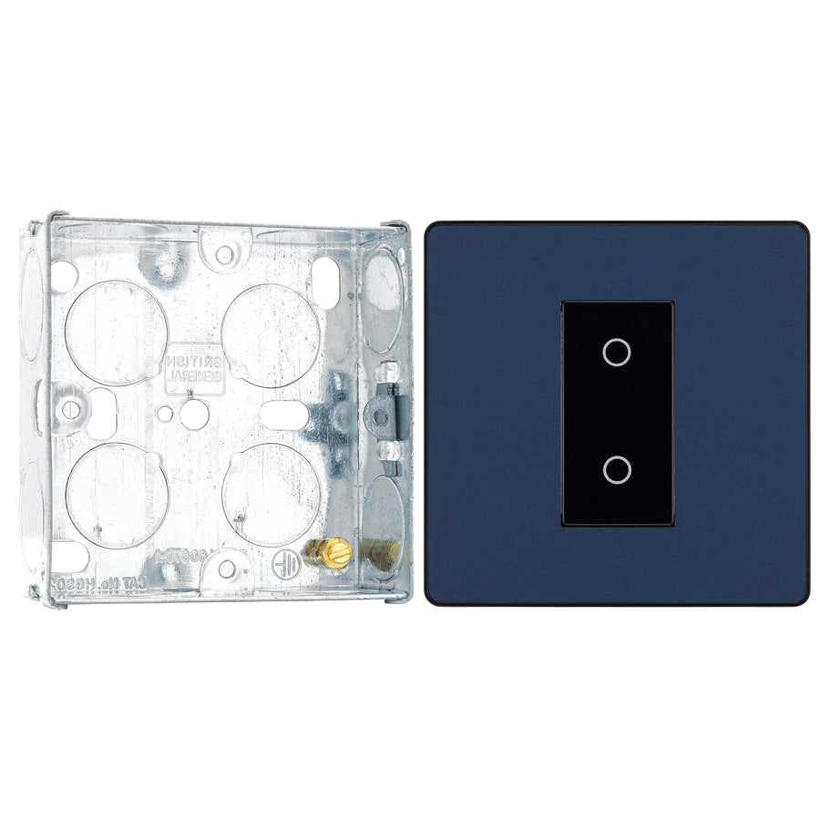 BG Evolve Matt Blue 1 Gang 200W Trailing Edge Master Touch Dimmer PCDDBTDM1B with 25mm Steel Back Box