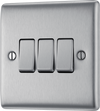 NBS43 Front - This brushed steel finish 20A 16AX triple light switch from British General can operate 3 different lights whilst the 2 way switching allows a second switch to be added to the circuit to operate the same light from another location (e.g. at the top and bottom of the stairs).