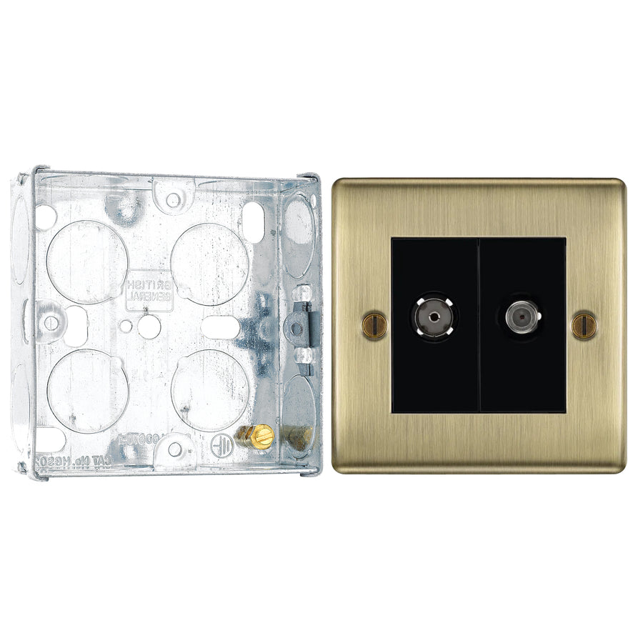 BG Nexus Antique Brass Double Co-Axial  Socket NAB65 with 25mm Steel Back Box