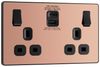 PCDCP22UAC30B Front - This Evolve Polished Copper 13A power socket from British General with integrated fast charge USB-A and USB-C ports delivers a 50% charge to mobile phones in just 30 minutes.  