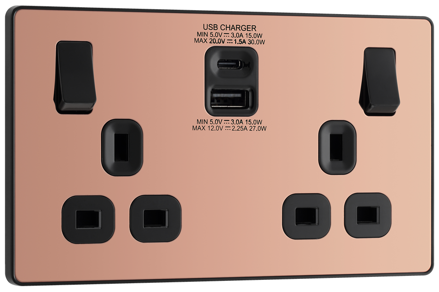 PCDCP22UAC30B Front - This Evolve Polished Copper 13A power socket from British General with integrated fast charge USB-A and USB-C ports delivers a 50% charge to mobile phones in just 30 minutes.  