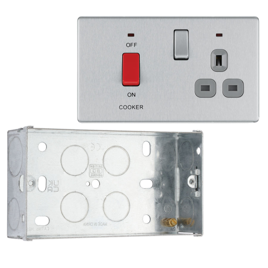 BG Screwless Brushed Steel 45 Amp Cooker Control Unit c/w Neon FBS70G with 35mm Steel Back Box