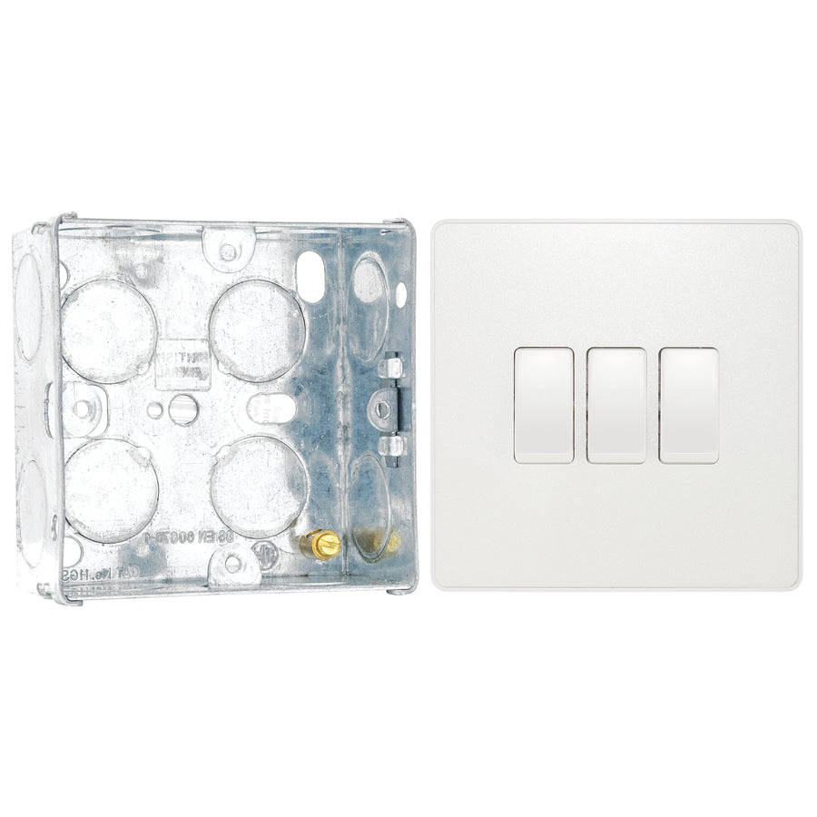 BG Evolve Pearlescent White 20A 16AX 2-Way Triple Light Switch PCDCL43W with 35mm Steel Back Box
