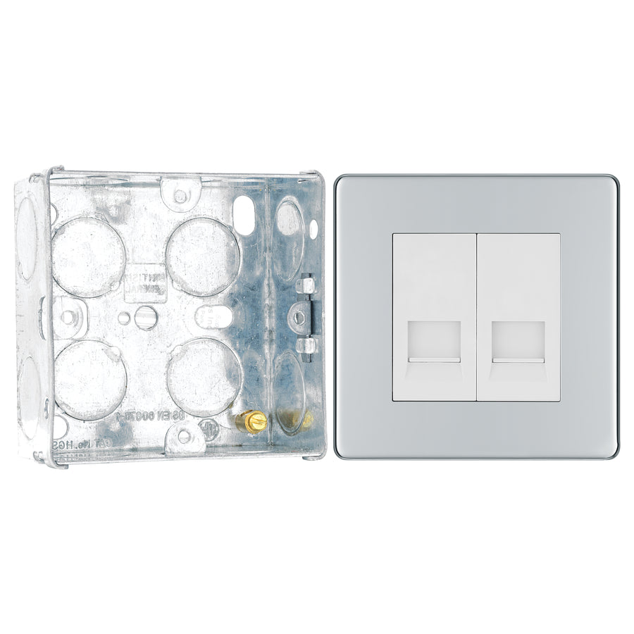 BG Screwless Polished Chrome 2 Gang Master Telephone Socket FPCBTM2 with 35mm Steel Back Box