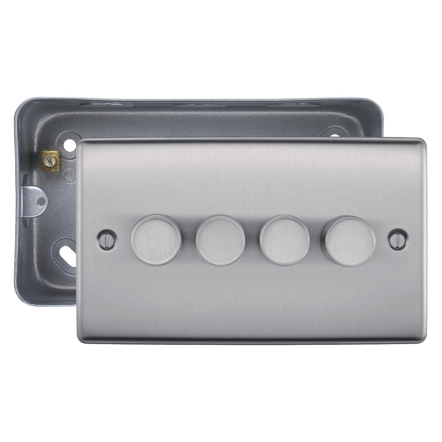 BG Nexus Brushed Steel 200W 2-Way 4 Gang Trailing Edge Push Dimmer & Surface Pattress Back Box
