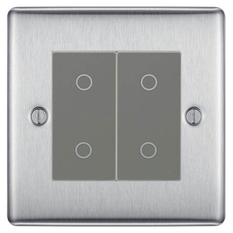 BG Nexus Brushed Steel Double Master Touch Dimmer Switch Grey Inserts NBSTDM2G