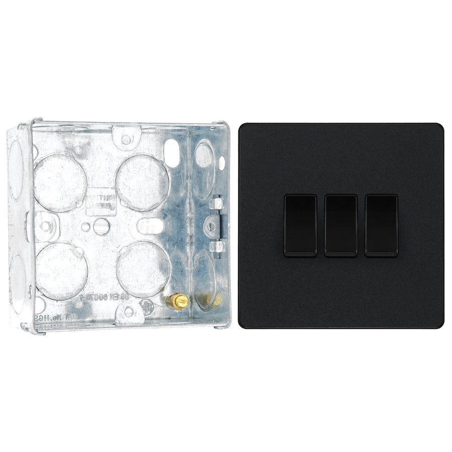 BG Evolve Matt Black 3 Gang 20A 16AX 2 Way Light Switch PCDMB43B with 35mm Steel Back Box