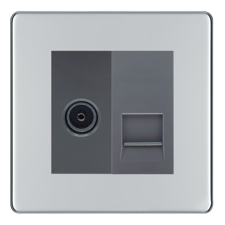 BG Screwless Polished Chrome TV Aerial & Master Telephone Socket — Grey Insert