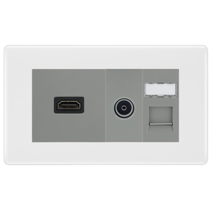 BG Nexus White Moulded Media Wall Plate TV Aerial, HDMI & CAT6 Outlet - Grey Insert