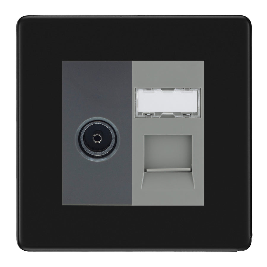 BG Screwless matt black TV Aerial & RJ45 CAT6 Data Socket - Grey Insert