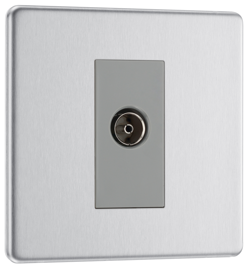 FBS62 Front - This single isolated coaxial socket from British General can be used for TV or FM aerial connections. An isolated aerial connection is ideal for use where a communal dish or aerial is used such as in a block of flats.