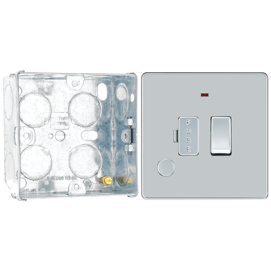 BG Screwless Polished Chrome 13A Switched Spur + Neon + Cable Outlet FPC53 with 35mm Steel Back Box