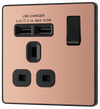 PCDCP21U2B Front - This Evolve Polished Copper 13A single power socket from British General comes with two USB charging ports, allowing you to plug in an electrical device and charge mobile devices simultaneously without having to sacrifice a power socket.