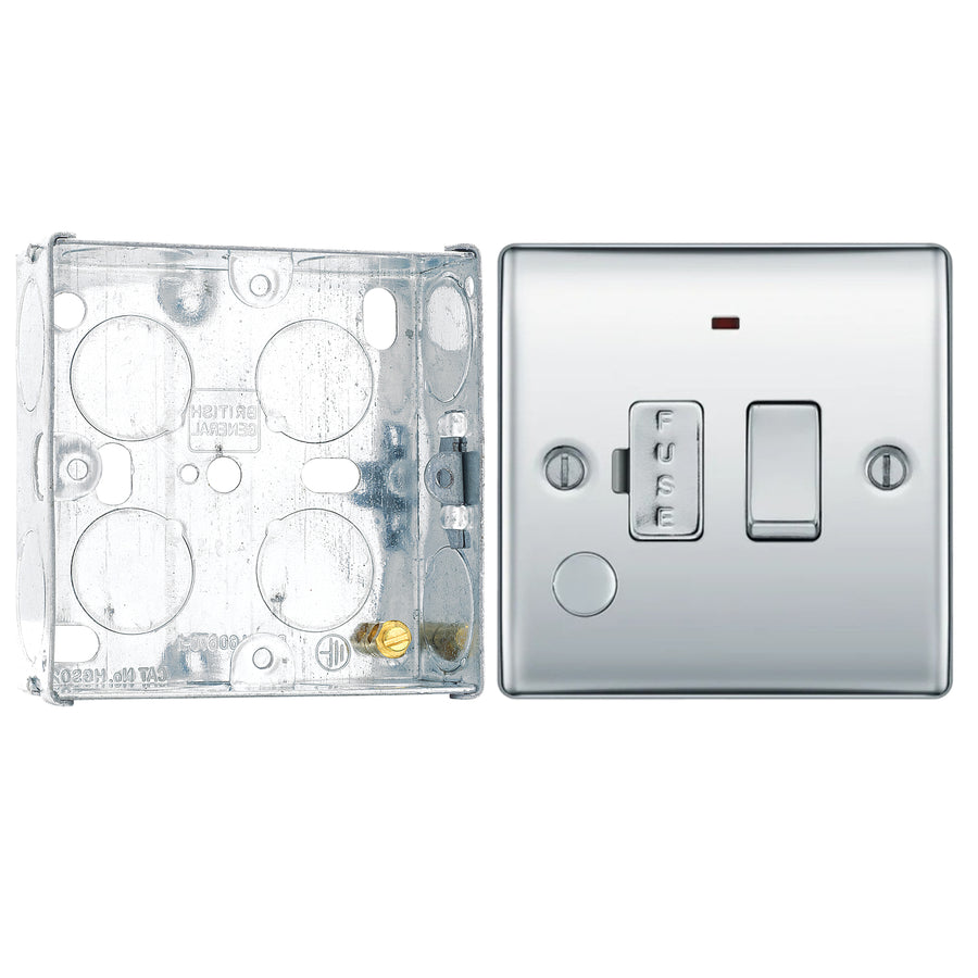 BG Nexus Metal Polished Chrome 13A Switched Spur + Neon + Cable Outlet NPC53 with 25mm Steel Back Box