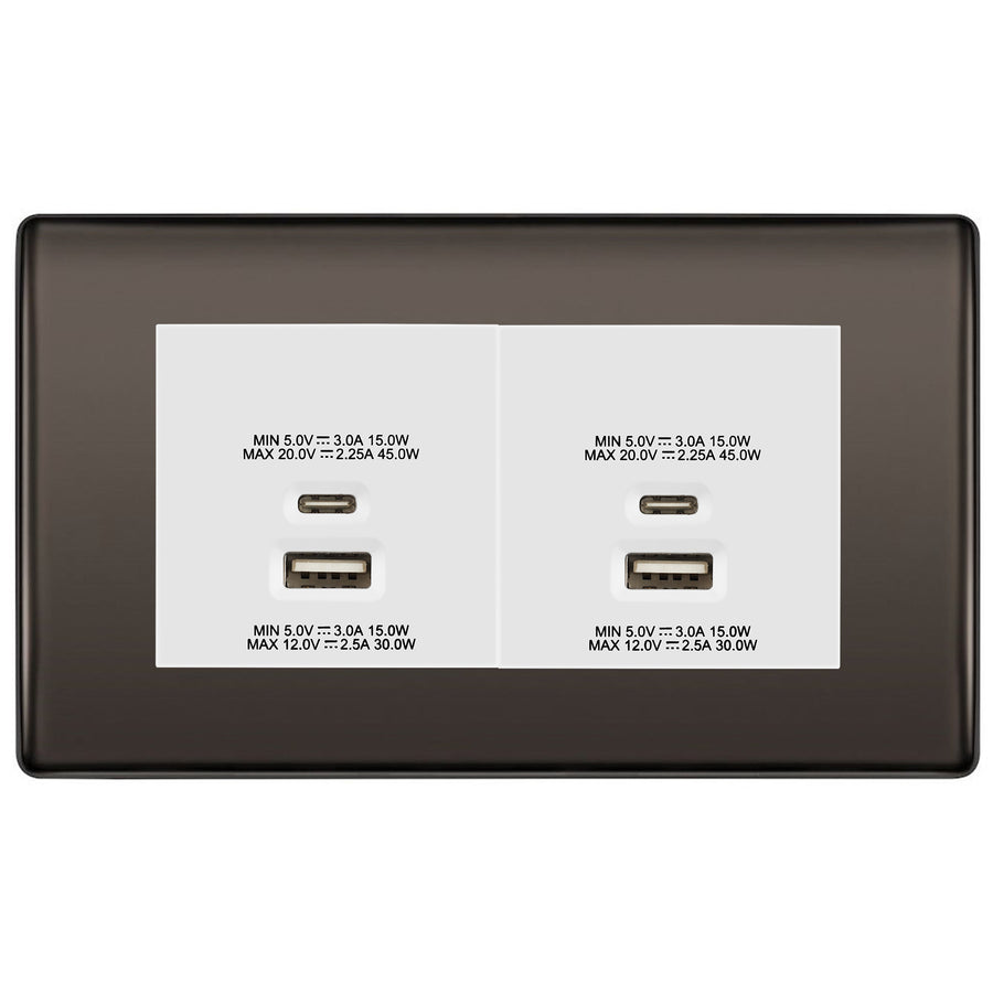 BG Black Nickel 4G Euro Plate with 45W USB A+C Charger Modules - White Insert