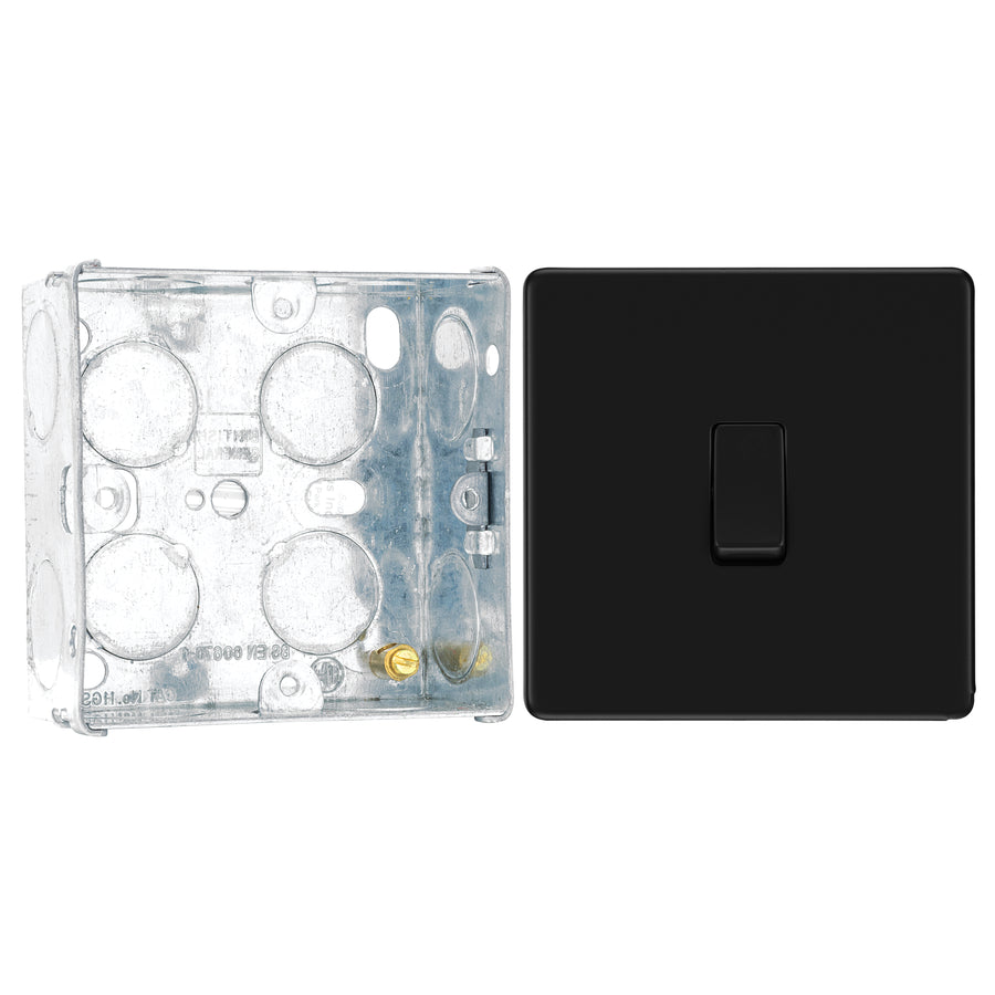 BG Screwless Matt Black 20A 16AX 2 Way Single Light Switch FFB12 with 35mm Steel Back Box