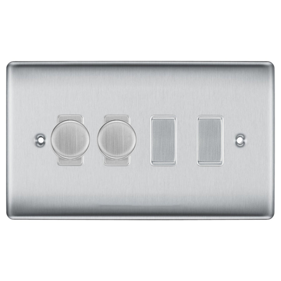 BG Brushed Steel 4 Gang Light Switch 2x Trailing Edge LED Dimmer 2x 2 Way Custom Switch