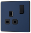 PCDDB21B Front - This Evolve Matt Blue 13A single switched socket from British General has been designed with angled in line colour coded terminals and backed out captive screws for ease of installation, and fits a 25mm back box making it an ideal retro-fit replacement for existing sockets. 