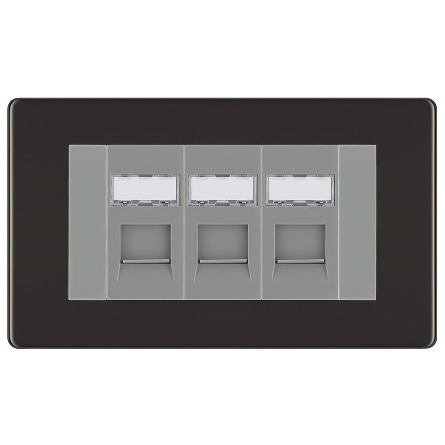 BG Screwless Black Nickel 3 Gang RJ45 Cat6 Data Socket Outlet Grey Inserts