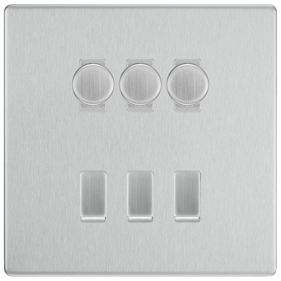 BG Screwless Brushed Steel 6 Gang Switch 3x Trailing Edge LED Dimmer 3x 2Way Custom Switch