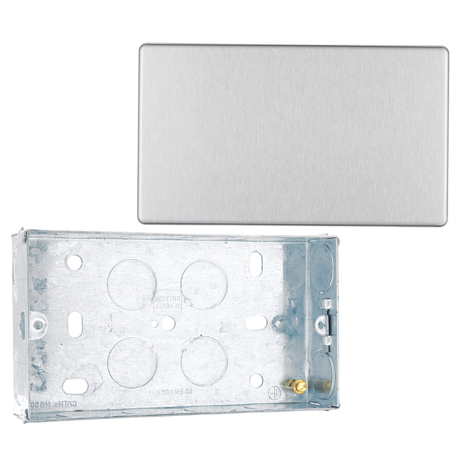 BG Screwless Brushed Steel Double Blank Plate FBS95 with 25mm Steel Back Box