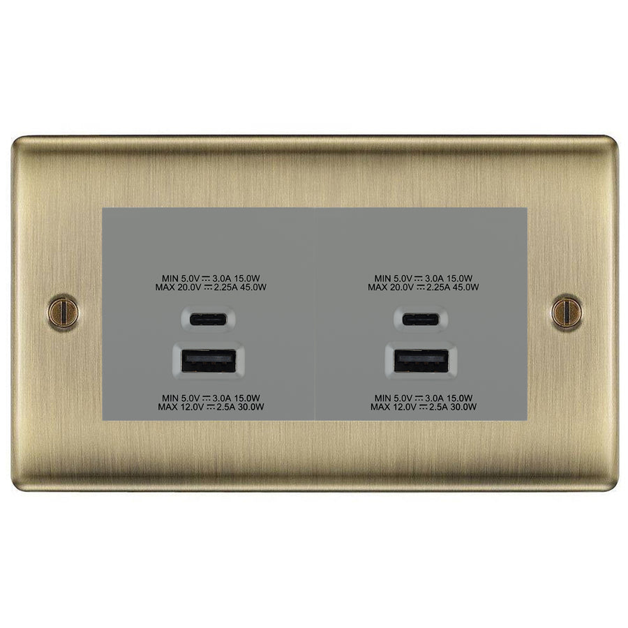 BG Antique Brass 4G Faceplate with 45W USB A+C Charger Modules - Grey Insert