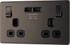 FBN22U3B Front - This completely screwless and slimline flat plate double 13A power socket from British General comes with two USB charging ports allowing you to plug in an electrical device and charge mobile devices simultaneously without having to sacrifice a power socket.