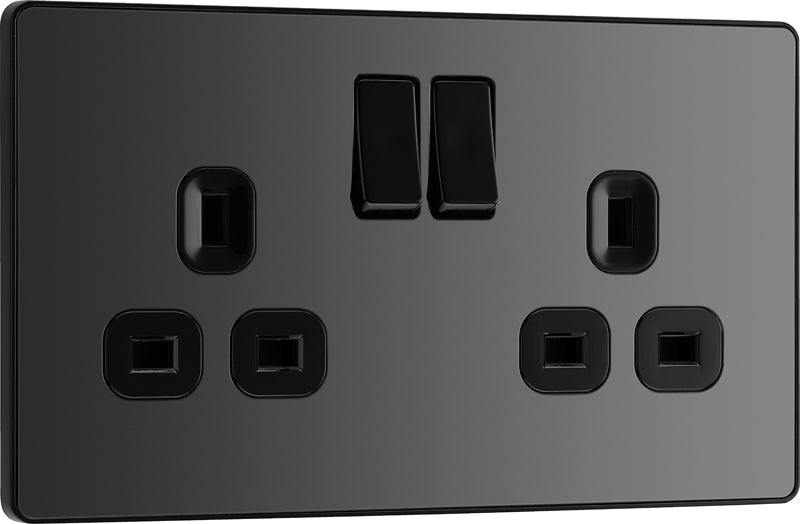 BG Evolve PCDBC22B Black Chrome 2 Gang 13A Switched Socket Outlet - Black Insert
